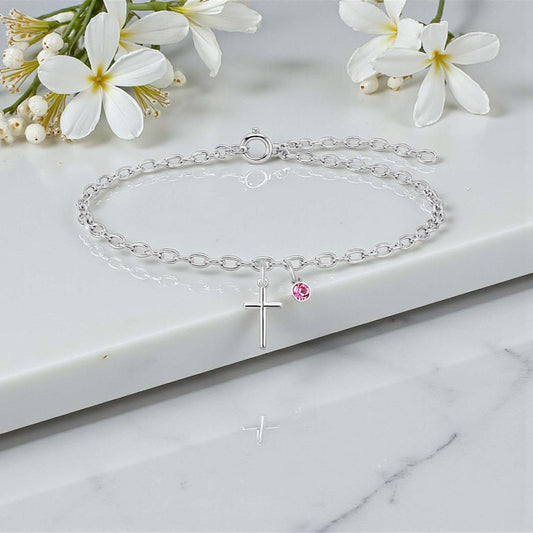 Cross Bracelet with Crystal Birthstone | Sterling Silver 925 | Personalised Jewellery Gift