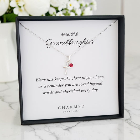Granddaughter Cross Necklace with Birthstone in Sterling Silver 925 | Personalised Jewellery Gift