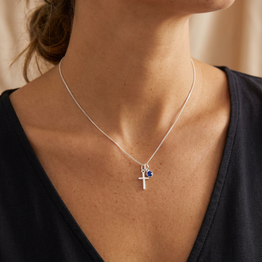 Cross Necklace with Birthstone in Sterling Silver 925