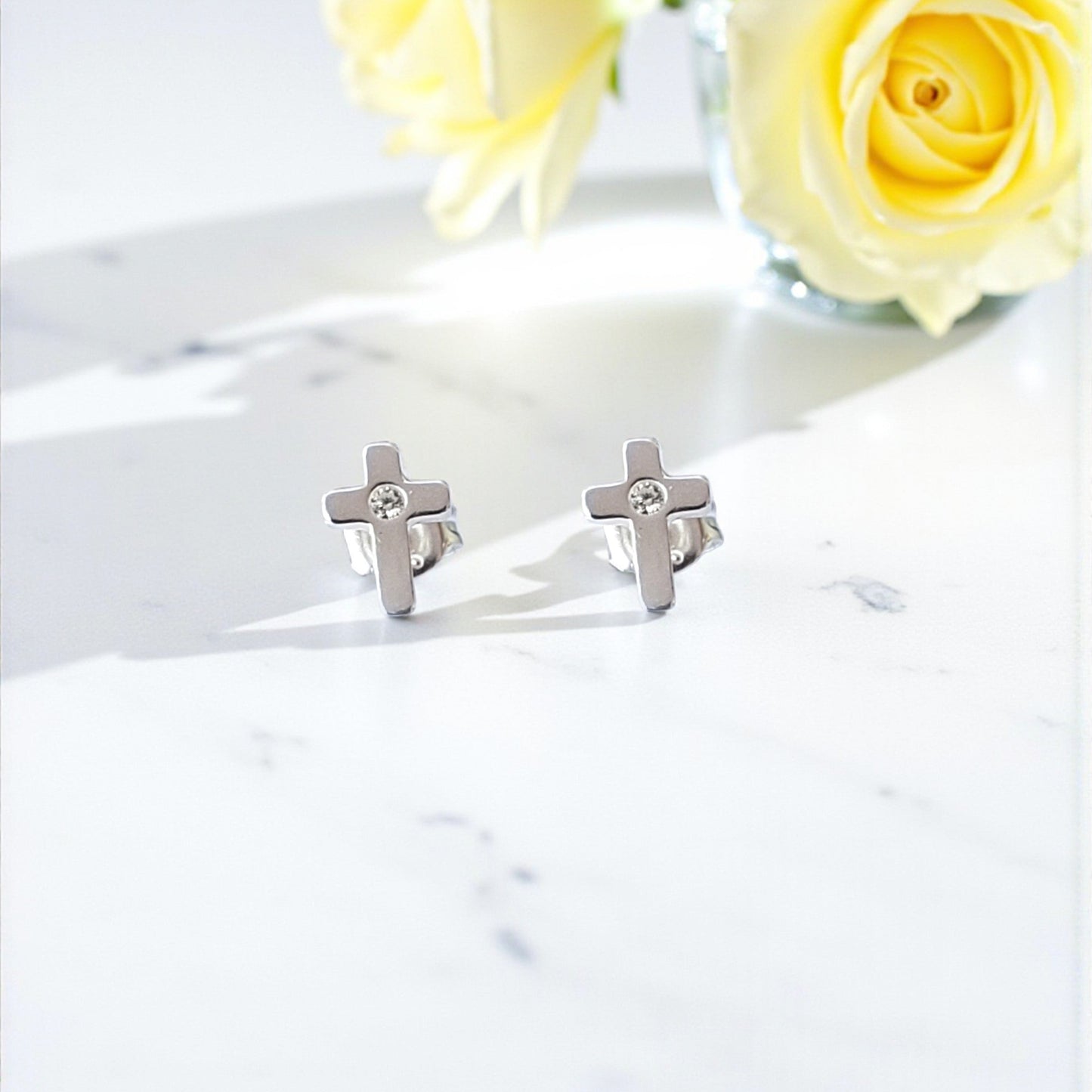 CZ Cross Stud Earrings | Sterling Silver 925 | Religious Jewellery Gift