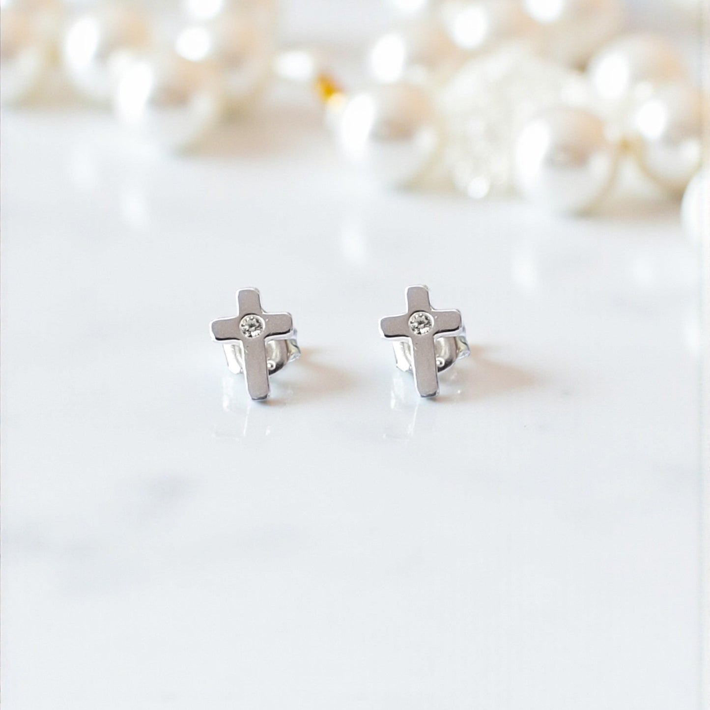 CZ Cross Stud Earrings | Sterling Silver 925 | Religious Jewellery Gift