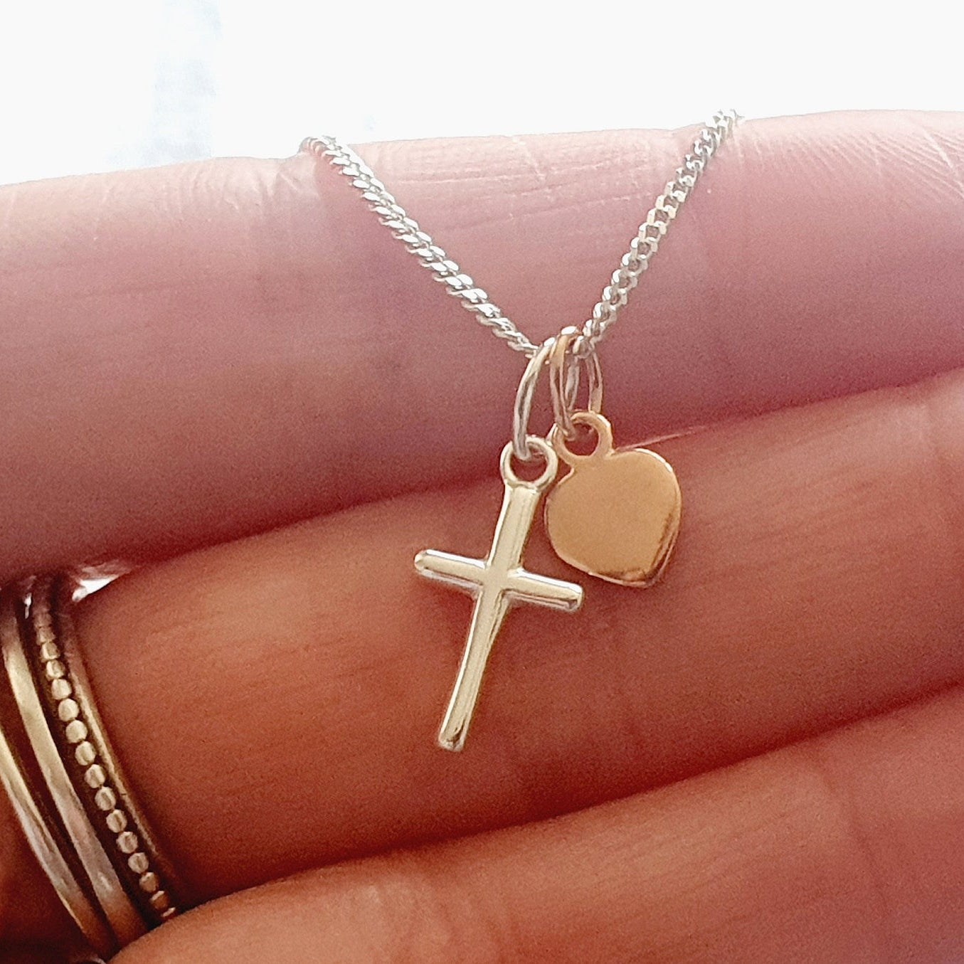 Cross Necklace with Rose Gold Heart in Sterling Silver 925 
