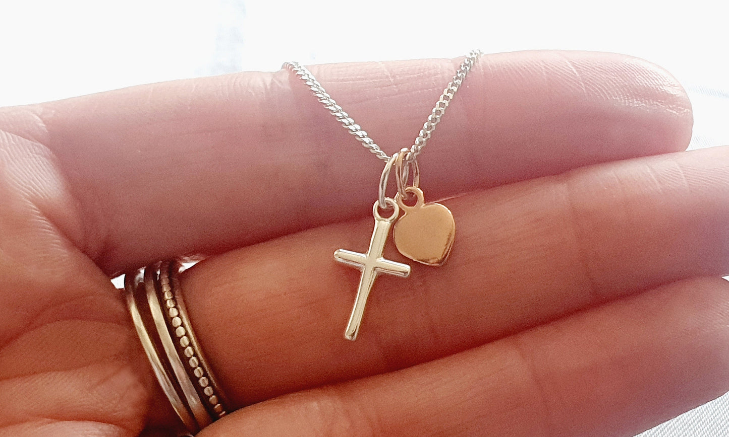 Christening Cross Necklace with Rose Gold Heart, Personalised Jewellery Gift