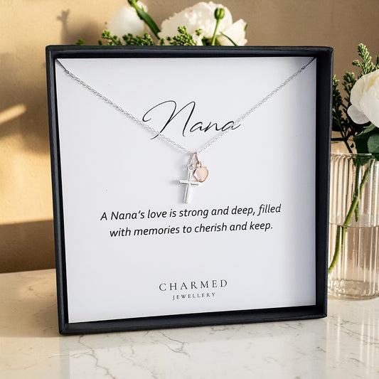 Nana Gift | Cross Necklace with Heart in Sterling Silver 925 | Personalised Jewellery