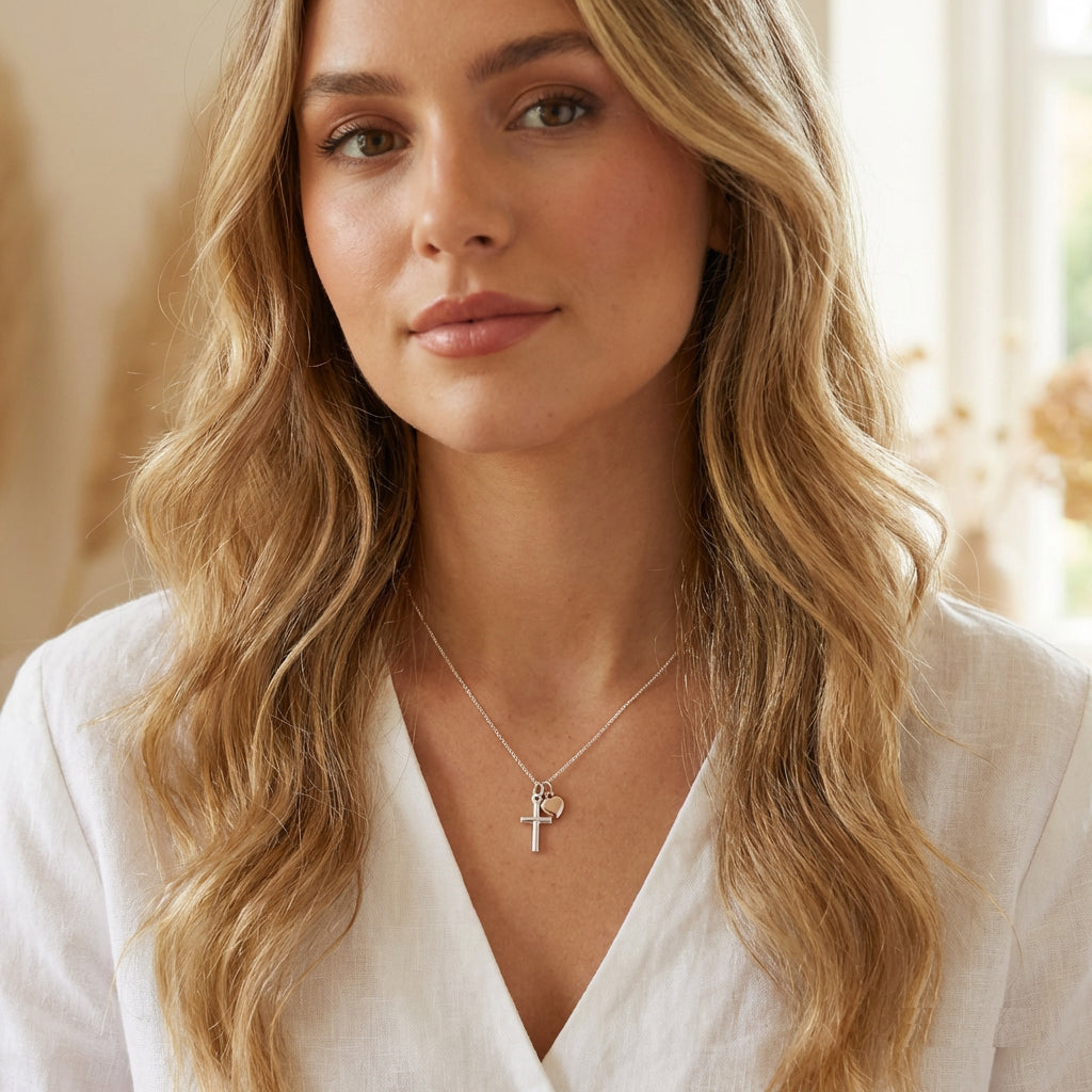 Christening Cross Necklace with Rose Gold Heart, Personalised Jewellery Gift