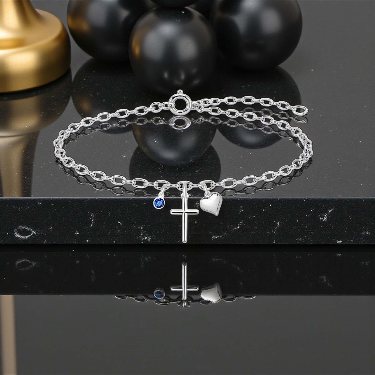 Cross Heart Bracelet with Crystal Birthstone | Sterling Silver 925 | Personalised Jewellery Gift