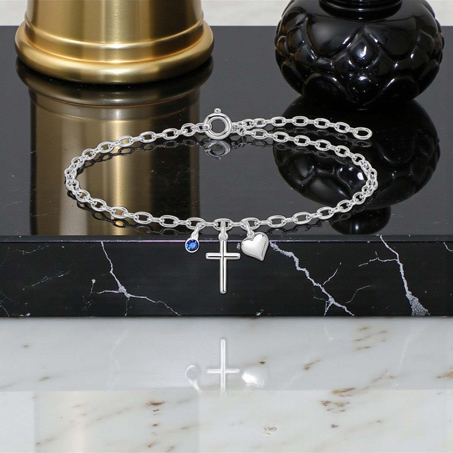 Cross Heart Bracelet with Crystal Birthstone | Sterling Silver 925 | Personalised Jewellery Gift