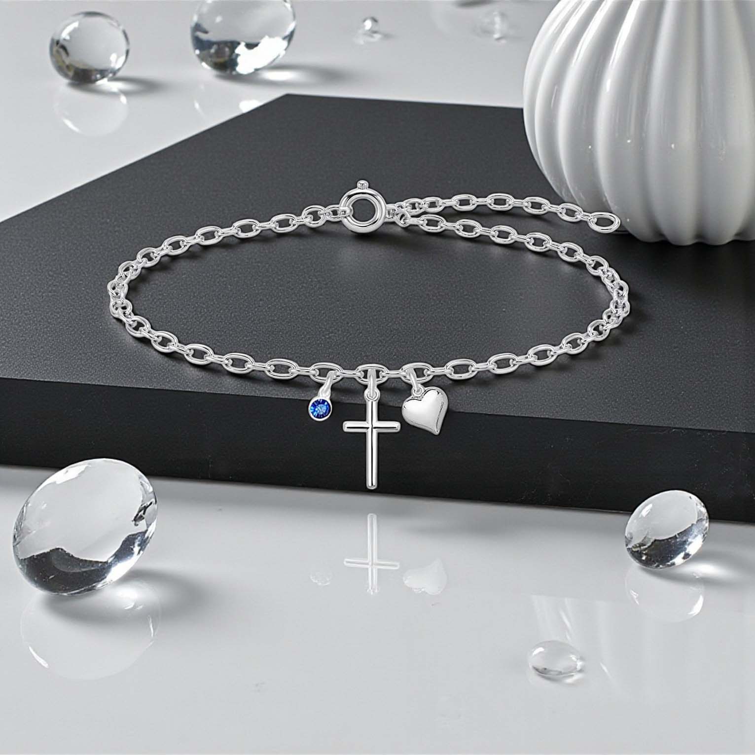 Cross Heart Bracelet with Crystal Birthstone | Sterling Silver 925 | Personalised Jewellery Gift