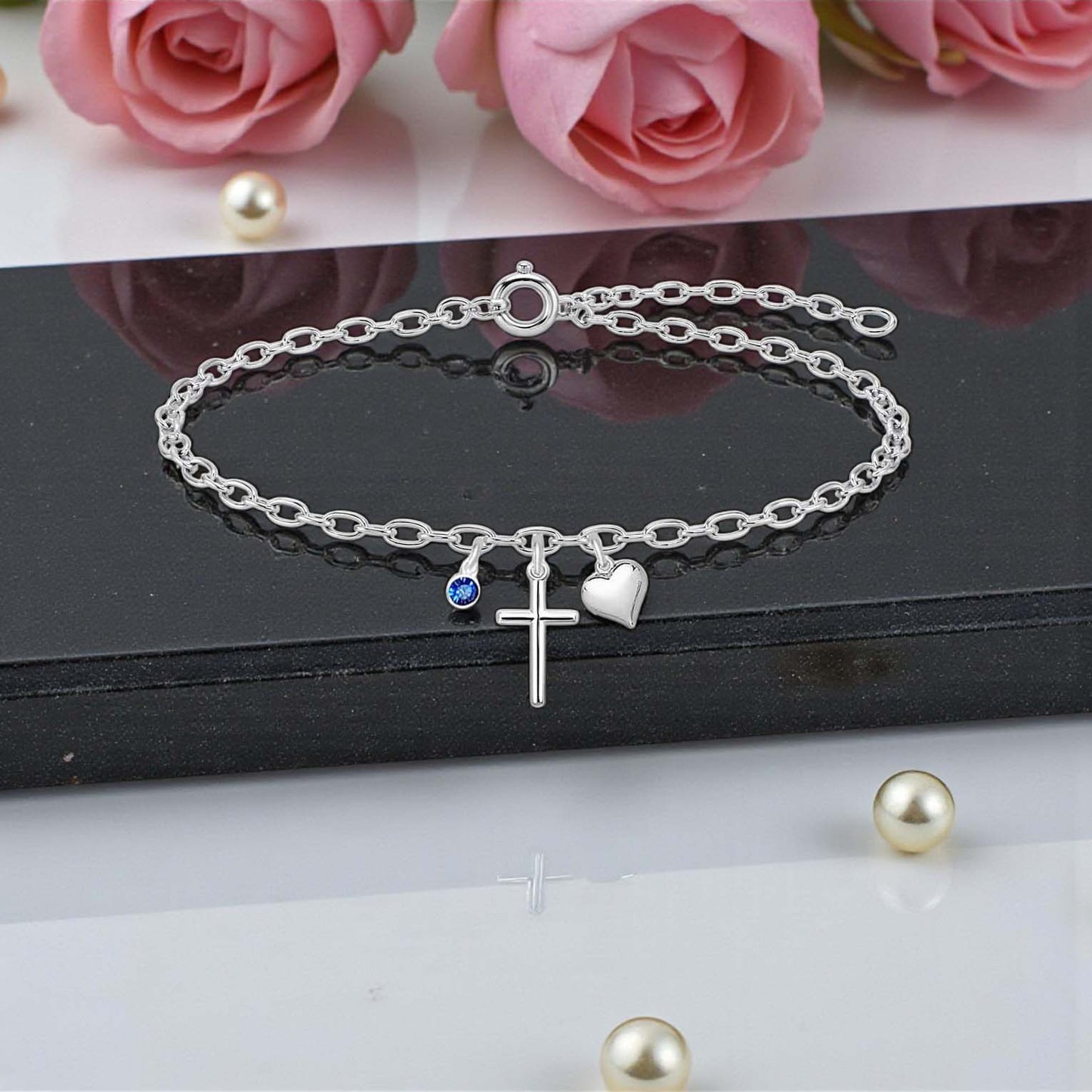 Cross Heart Bracelet with Crystal Birthstone | Sterling Silver 925 | Personalised Jewellery Gift
