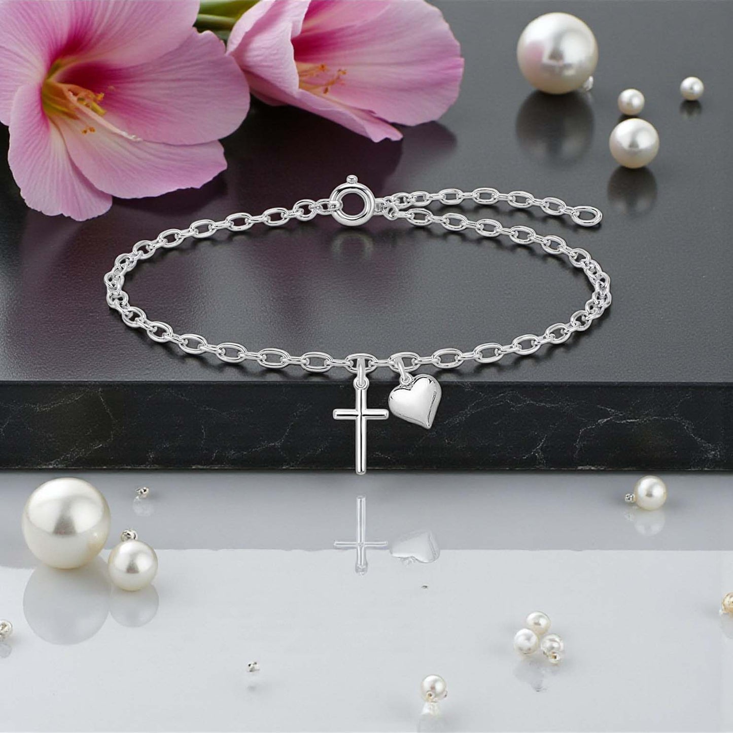Cross Bracelet with Puffy Heart | Sterling Silver 925 | Religious Jewellery Gift