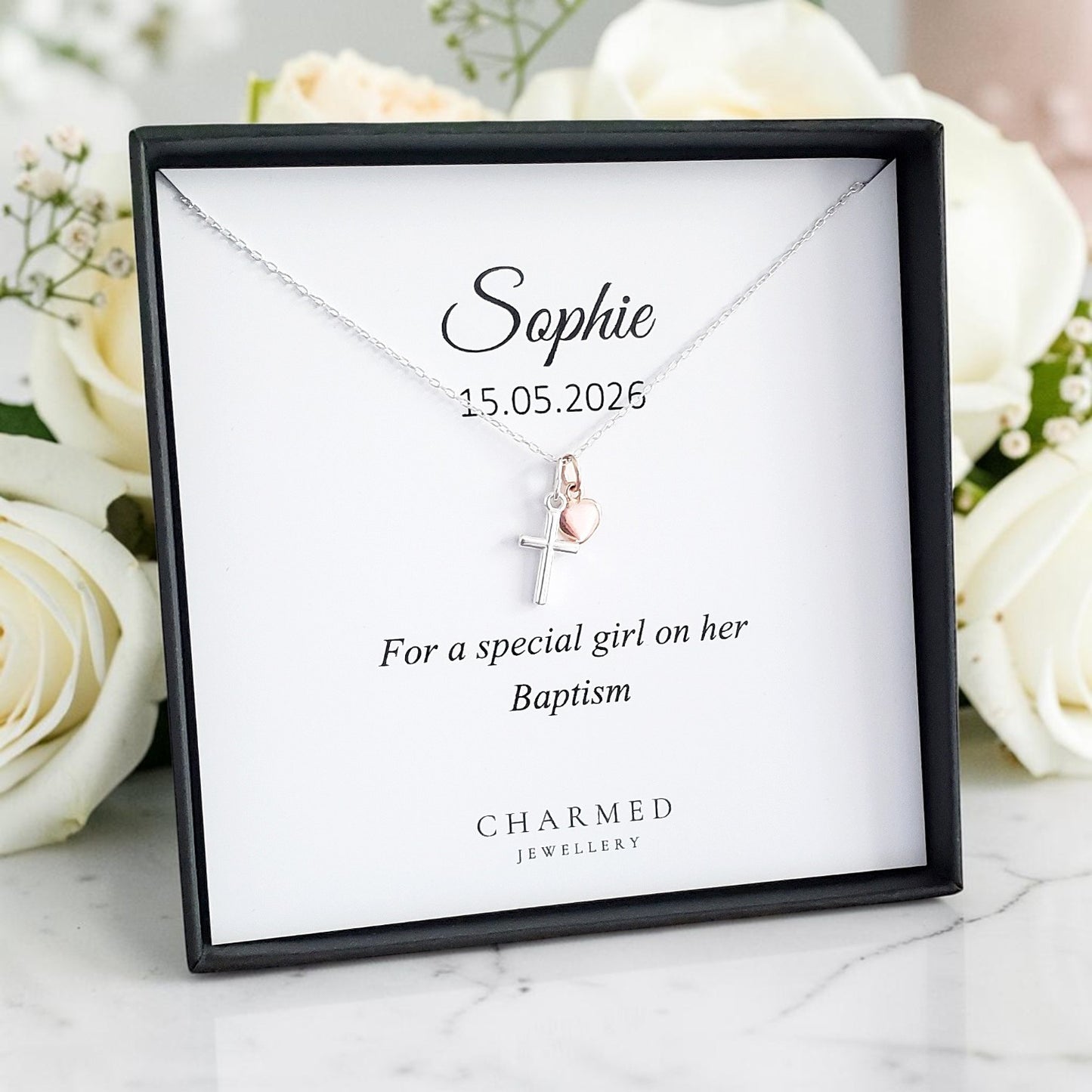 Baptism Cross Necklace with Rose Gold Heart in Sterling Silver 925 | Message Card Jewellery