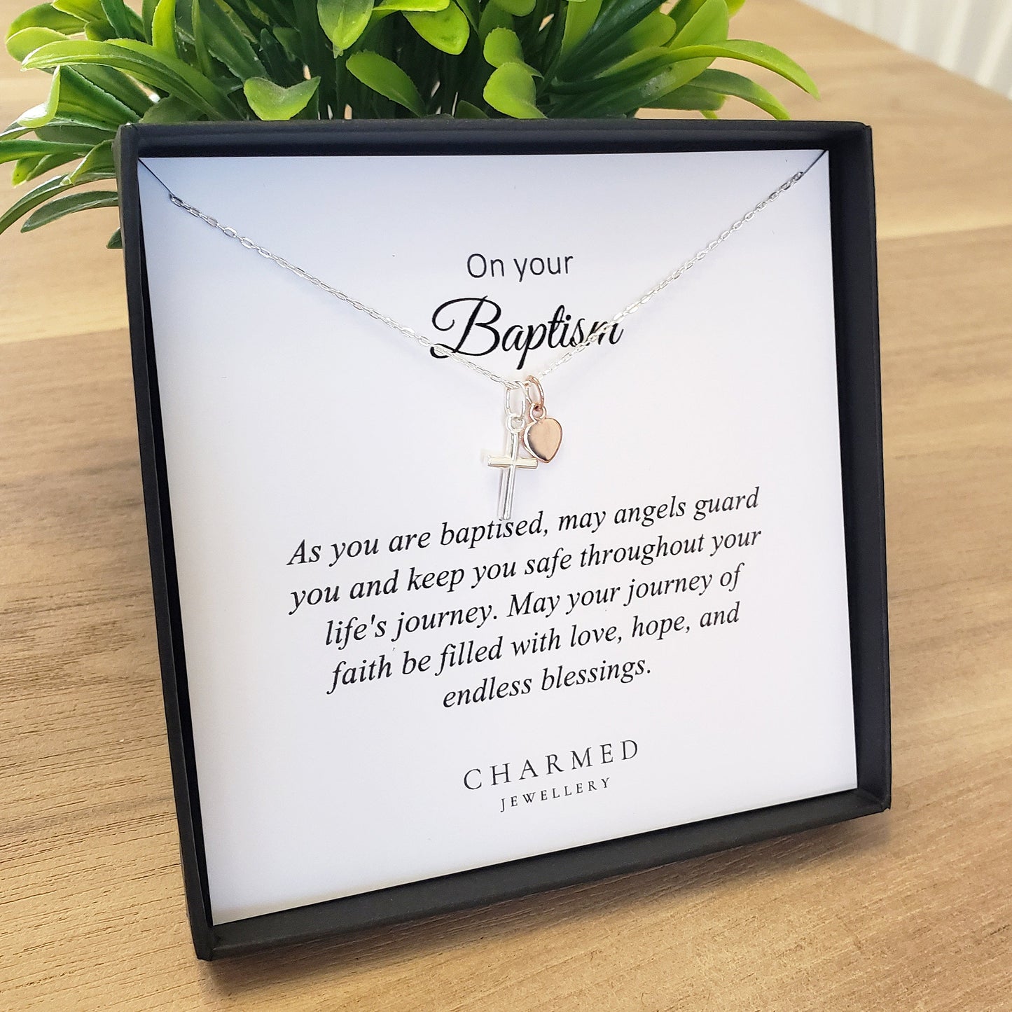 Baptism Cross Necklace with Rose Gold Heart in Sterling Silver 925 | Personalised Jewellery Gift
