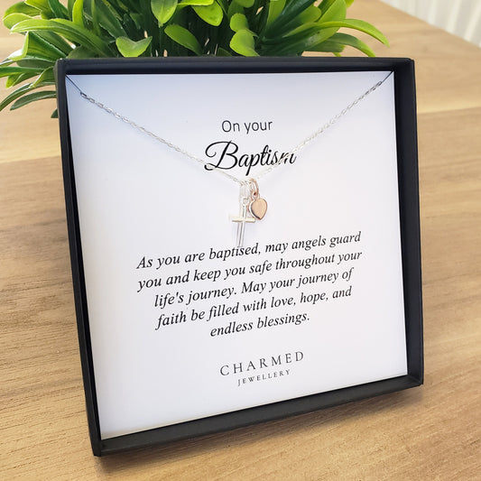 Baptism Cross Necklace with Rose Gold Heart in Sterling Silver 925 | Personalised Jewellery Gift