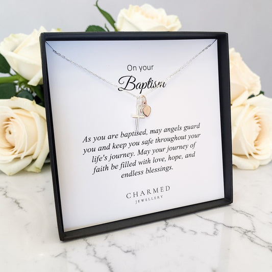 Baptism Cross Necklace with Rose Gold Heart in Sterling Silver 925 | Personalised Jewellery Gift