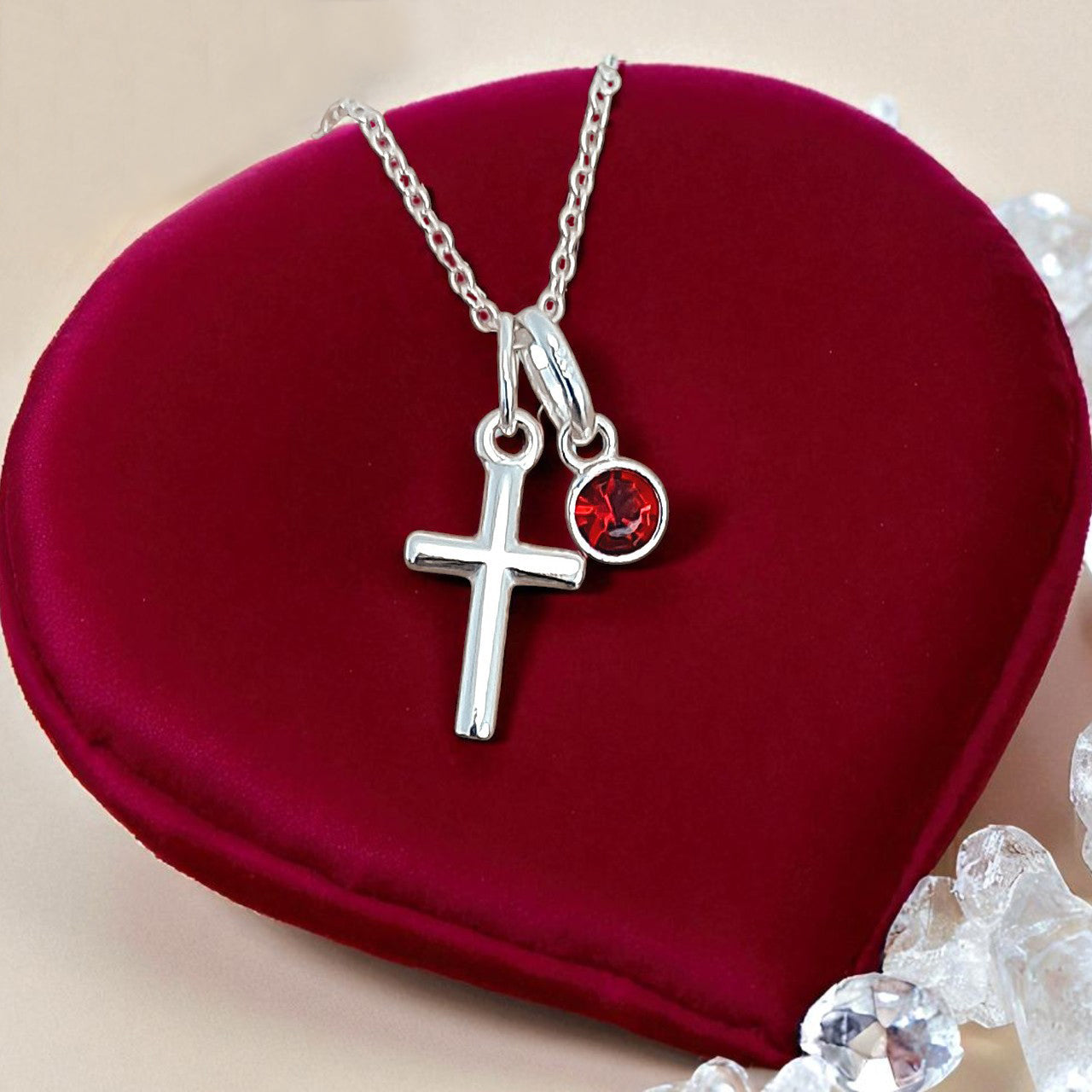 Goddaughter Gift, Cross Necklace with Birthstone in Sterling Silver 925 | Personalised Jewellery Gift