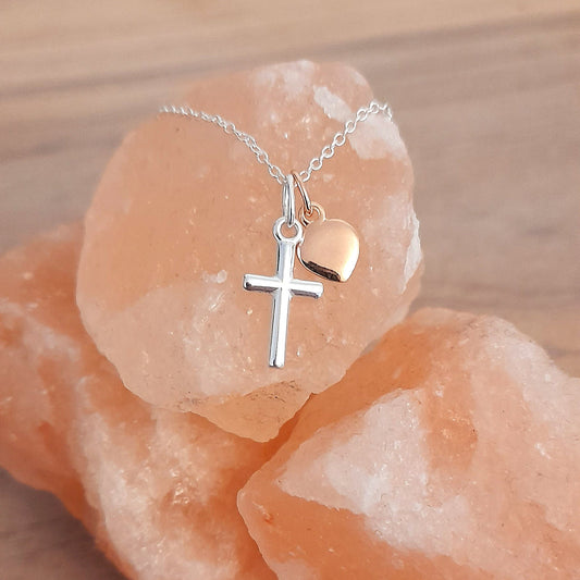 Cross Necklace with Rose Gold Heart in Sterling Silver 925