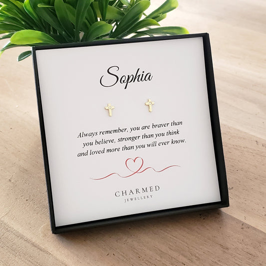 Gold CZ Cross Stud Earrings in Sterling Silver 925 | Personalised Jewellery Gift