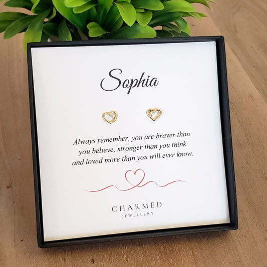 Gold CZ Heart Stud Earrings in Sterling Silver 925 | Personalised Jewellery Gift