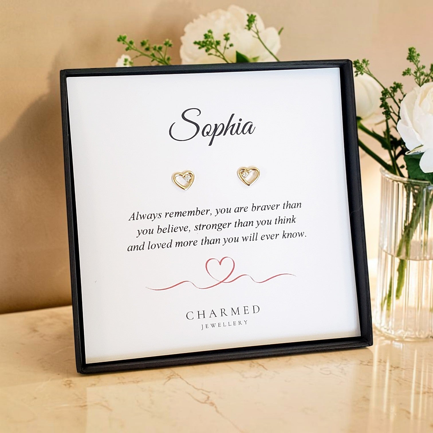 Gold CZ Heart Stud Earrings in Sterling Silver 925 | Personalised Jewellery Gift
