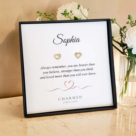 Gold CZ Heart Stud Earrings in Sterling Silver 925 | Personalised Jewellery Gift