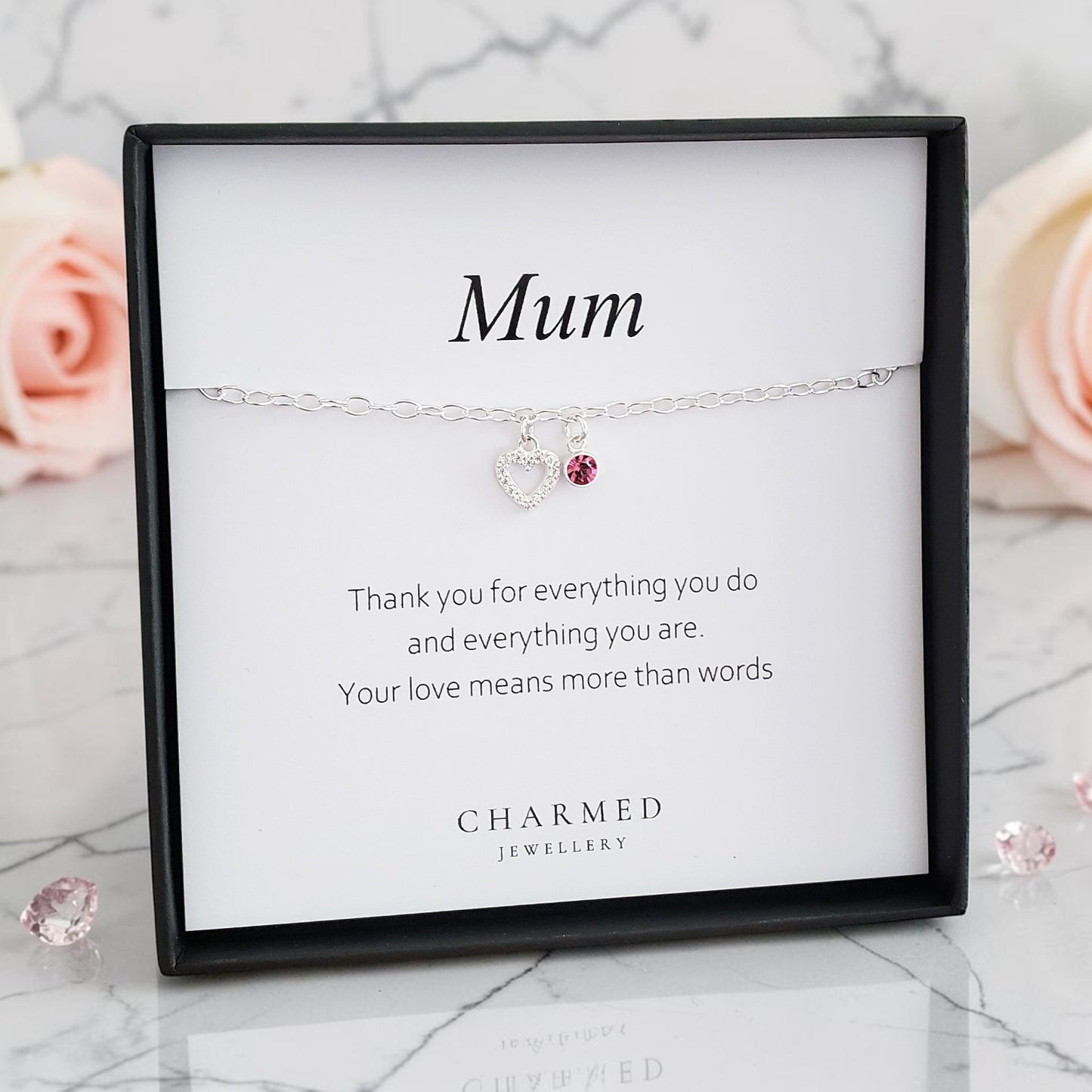 Mum CZ Heart Bracelet with Birthstone in Sterling Silver 925 | Personalised Jewellery Gift