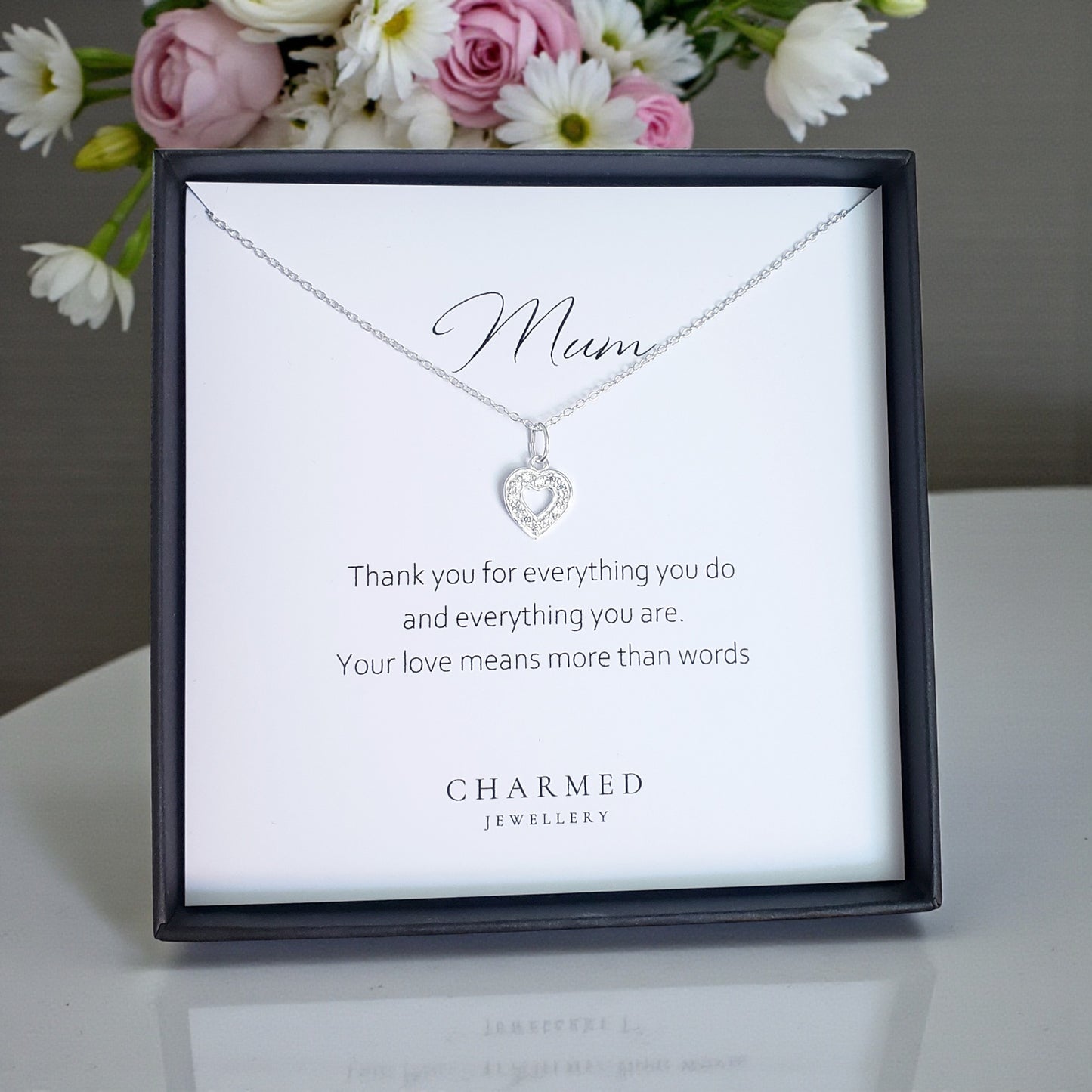Mum CZ Open Heart Necklace | Sterling Silver 925 | Personalised Jewellery Gift