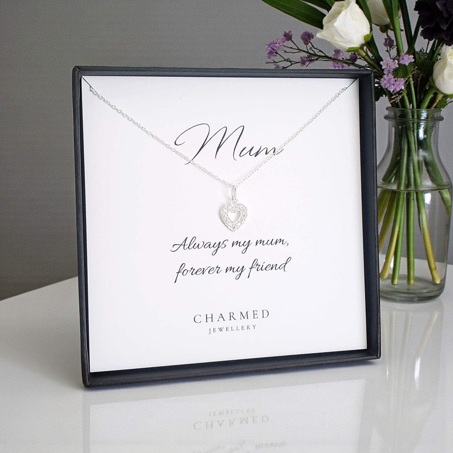 Mum Heart Necklace with Cubic Zirconia | Personalised 925 Sterling Silver | Mum Jewellery Gift