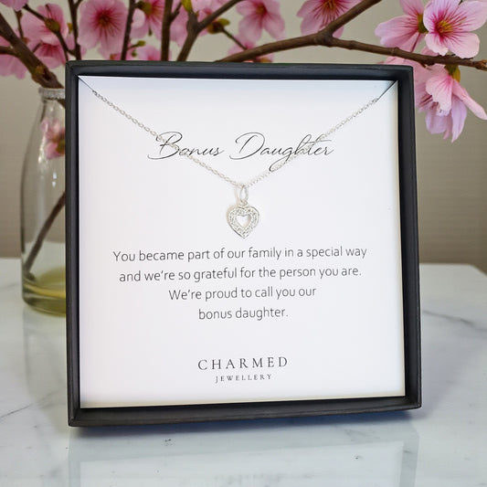 Bonus Daughter CZ Heart Necklace | 925 Sterling Silver | Personalised Jewellery Gift