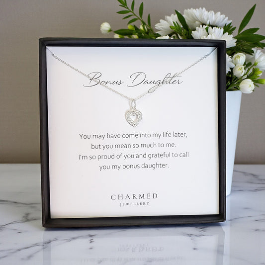 Bonus Daughter CZ Heart Necklace | Sterling Silver 925 | Personalised Jewellery Gift