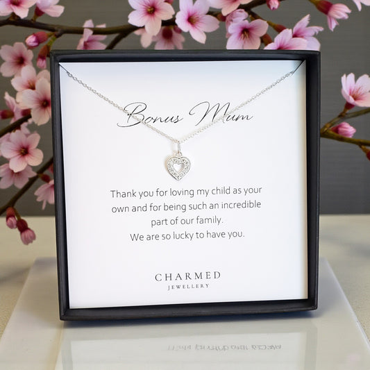 Bonus Mum CZ Open Heart Necklace | Sterling Silver 925 | Personalised Jewellery Gift
