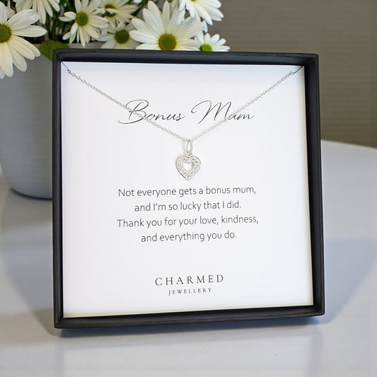 Bonus Mum CZ Open Heart Necklace | Sterling Silver 925 | Personalised Jewellery Gift