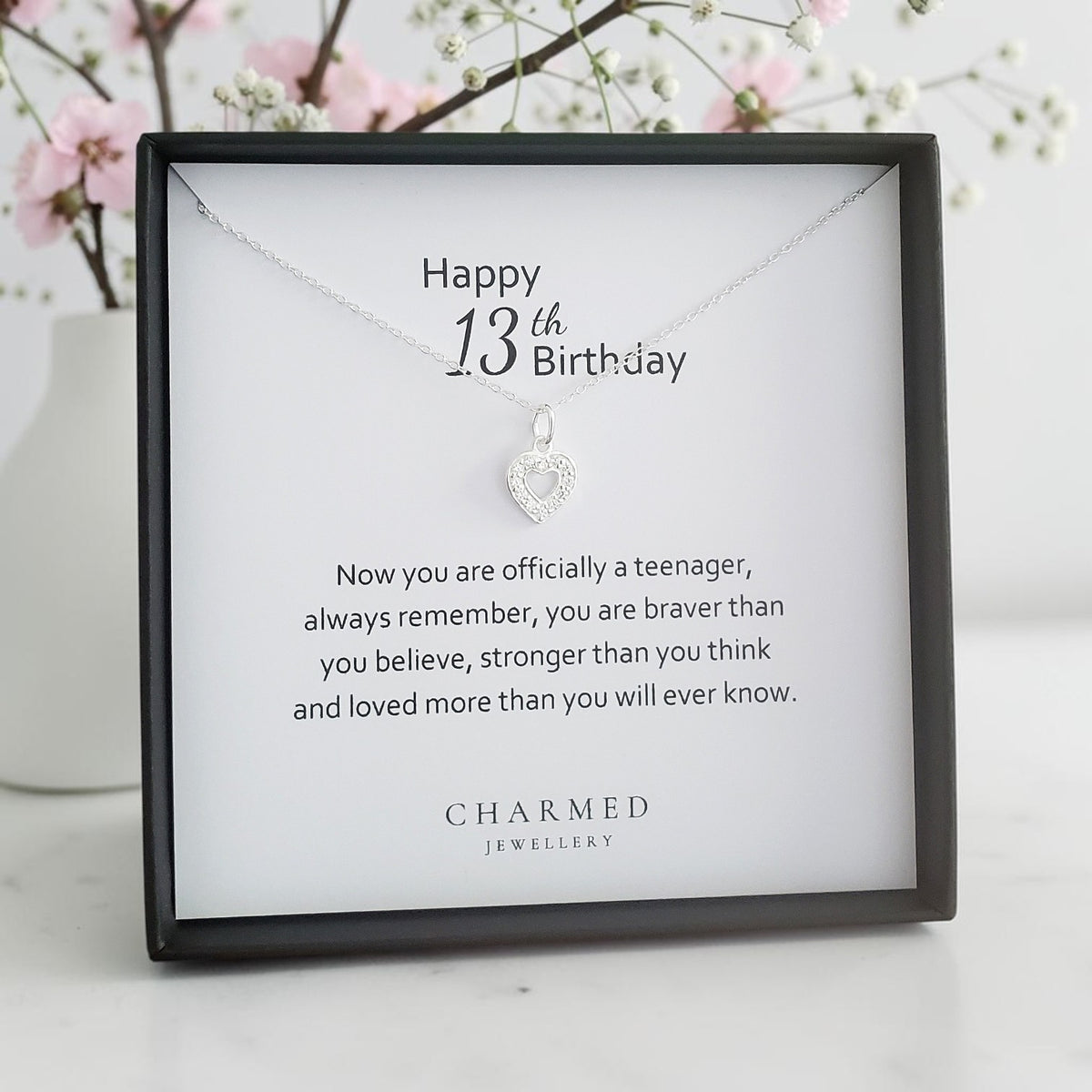 13th Birthday Gift | CZ Heart Necklace Sterling Silver 925 | Personalised Jewellery Keepsake