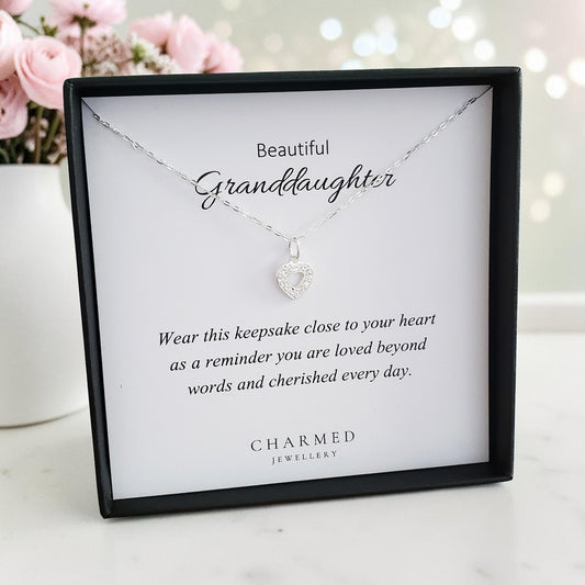 Granddaughter Heart Necklace with Cubic Zirconia in Sterling Silver 925 | Personalised Jewellery Gift