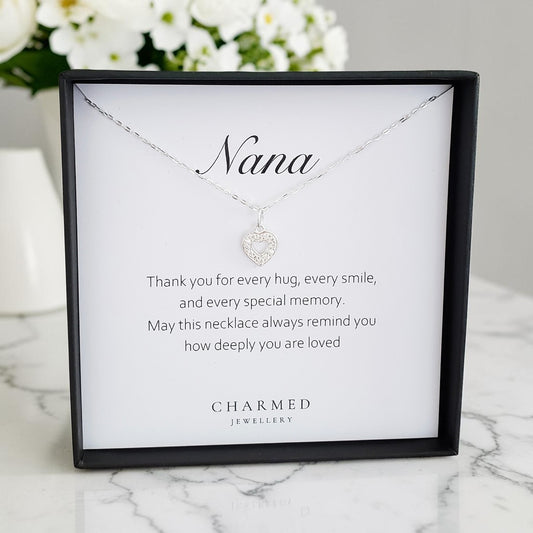 Nana CZ Heart Necklace in Sterling Silver 925 | Personalised Jewellery Gift