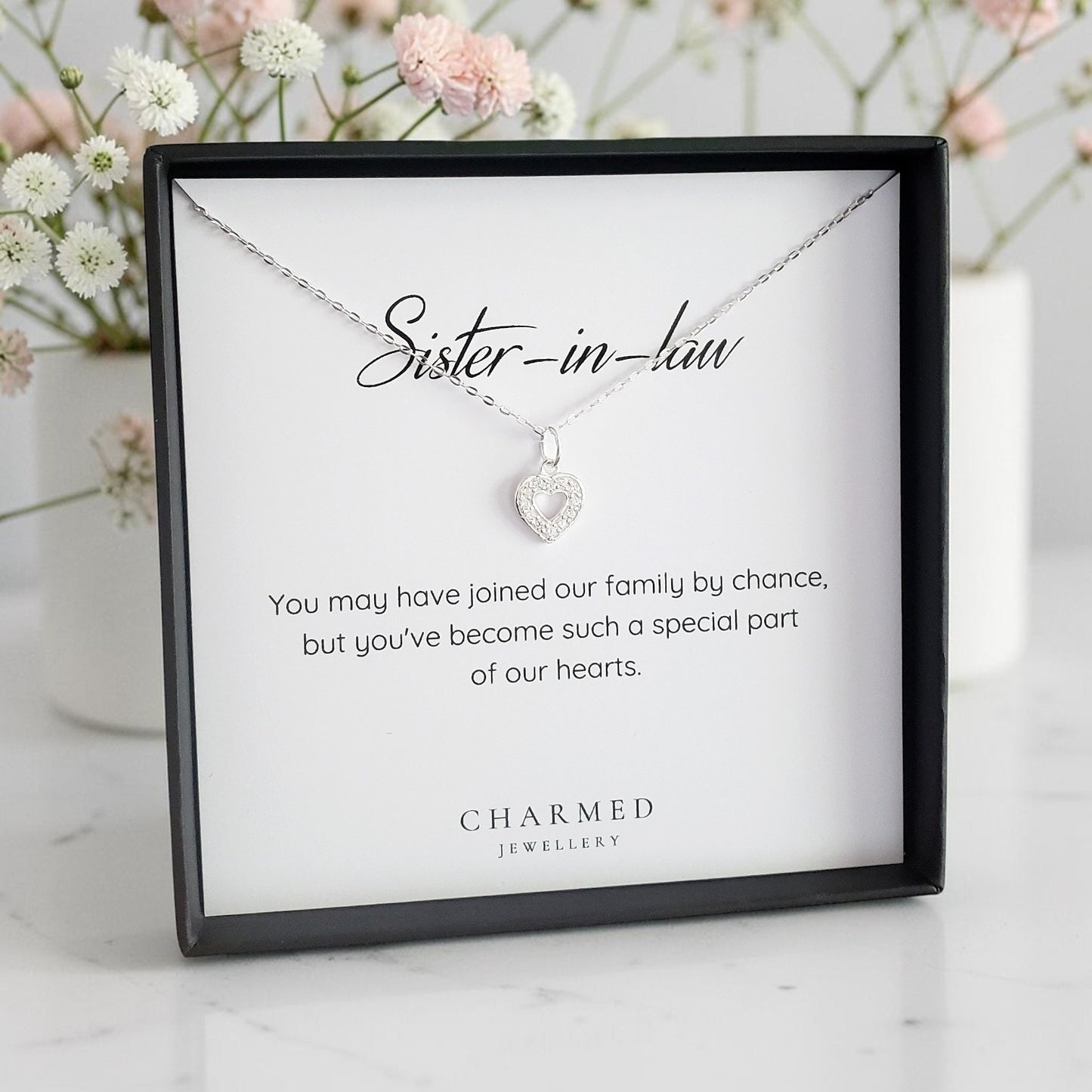 Sister-in-Law CZ Heart Necklace in Sterling Silver 925 | Personalised Jewellery Gift