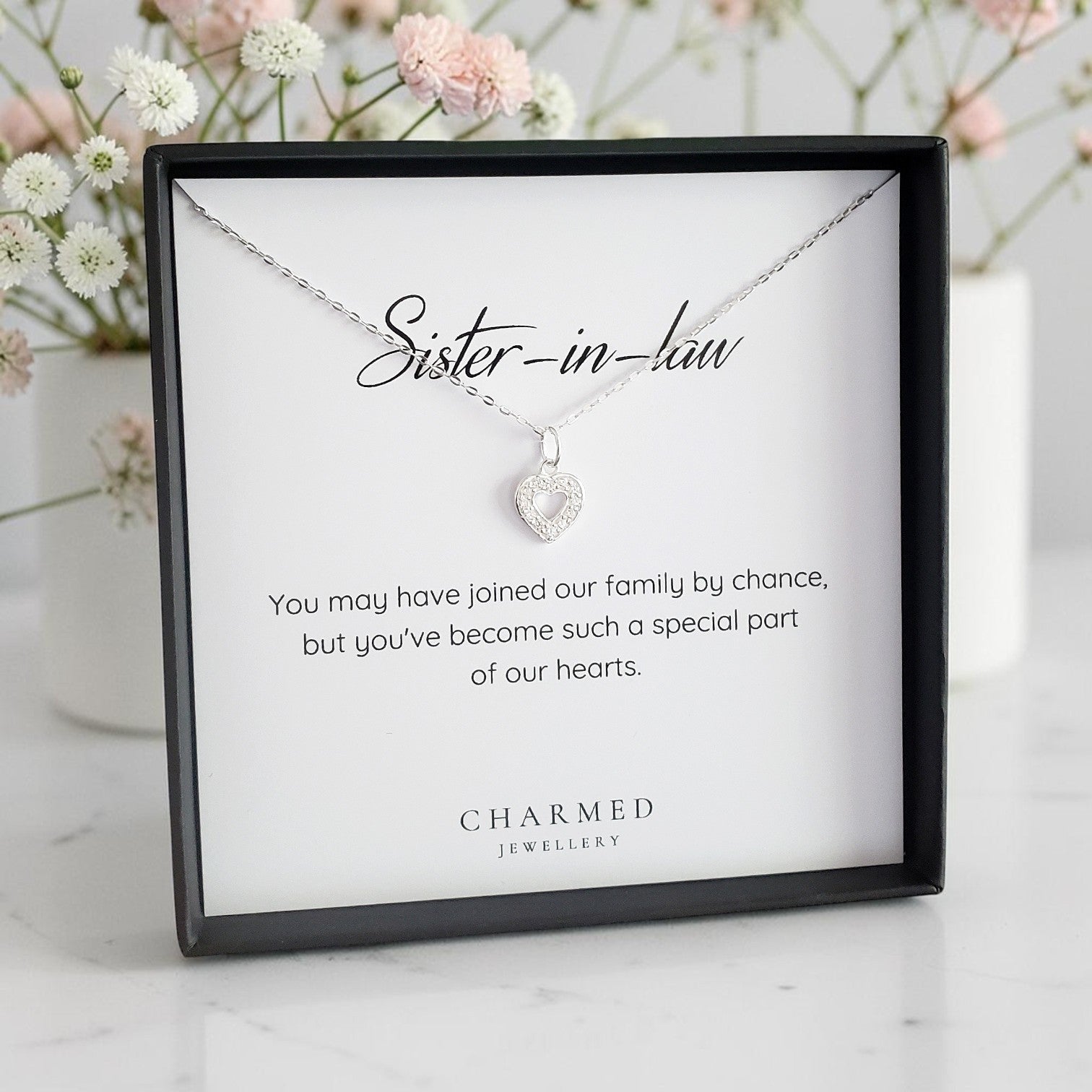 Sister-in-Law CZ Heart Necklace in Sterling Silver 925 | Personalised Jewellery Gift