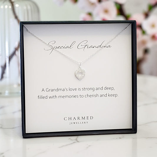 Special Grandma CZ Heart Necklace | Sterling Silver 925 | Personalised Jewellery Gift