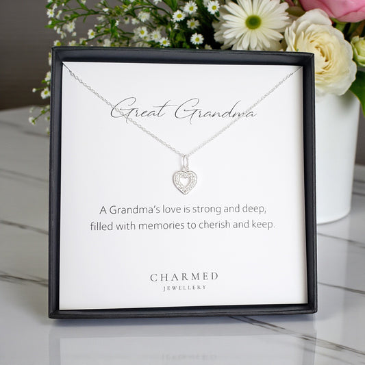 Great Grandma Gift, CZ Heart Necklace | Sterling Silver 925 | Personalised Jewellery Gift