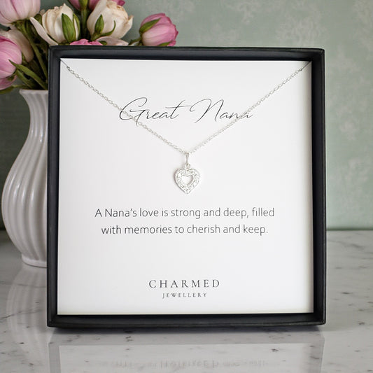 Great Nana Gift, CZ Heart Necklace | Sterling Silver 925 | Personalised Jewellery Gift