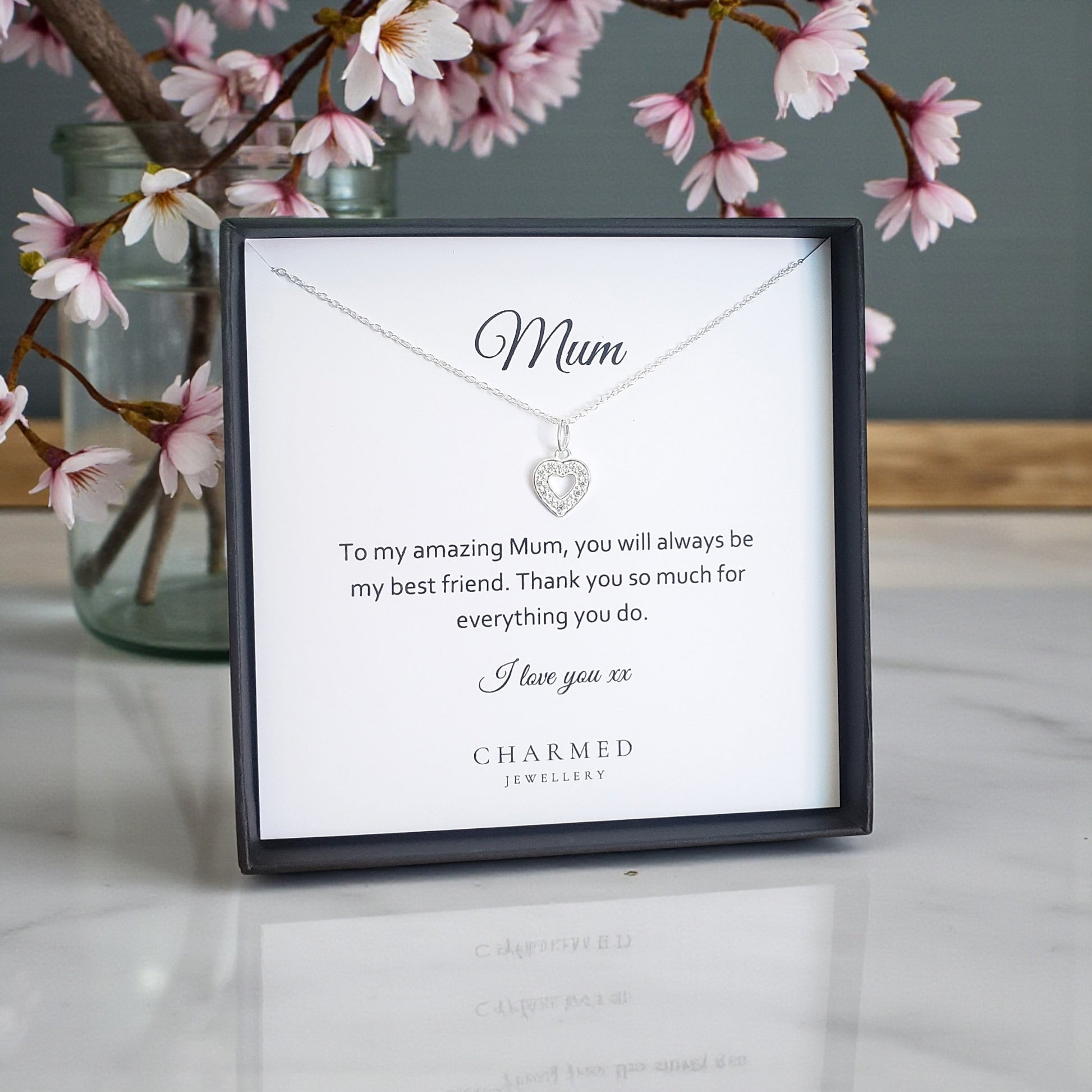Mum Heart Necklace with Cubic Zirconia | Personalised 925 Sterling Silver | Mum Jewellery Gift