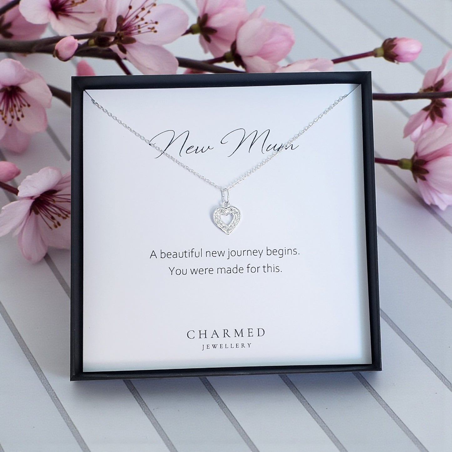 New Mum CZ Open Heart Necklace | Sterling Silver 925 | Personalised Jewellery Gift