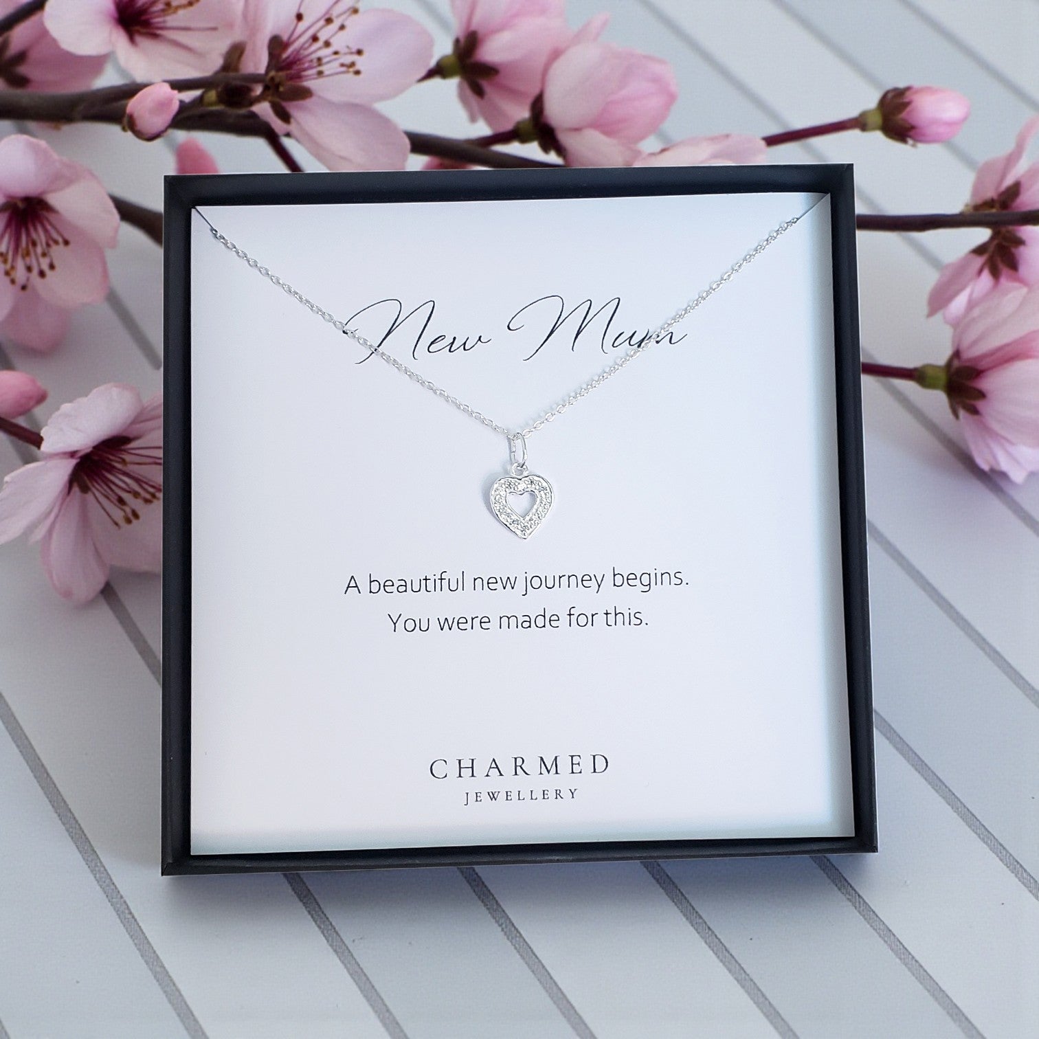 New Mum CZ Open Heart Necklace | Sterling Silver 925 | Personalised Jewellery Gift