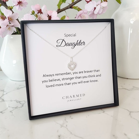 Daughter Heart Necklace with Cubic Zirconia in Sterling Silver 925 | Personalised Jewellery Gift
