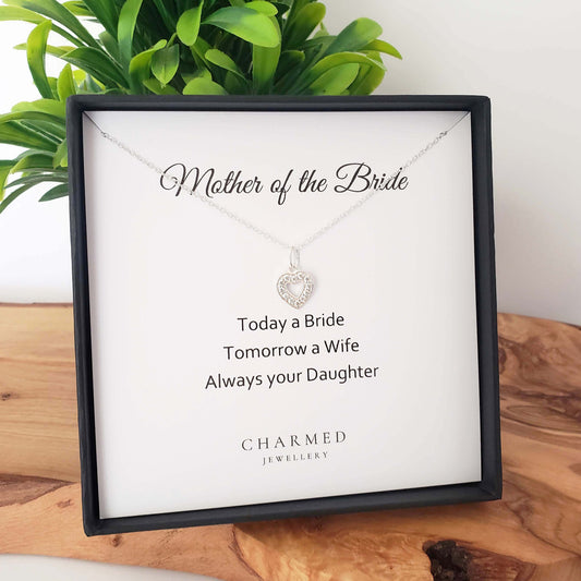 Mother of the Bride Heart Necklace with Cubic Zirconia – Sterling Silver 925 | Personalised Jewellery Gift