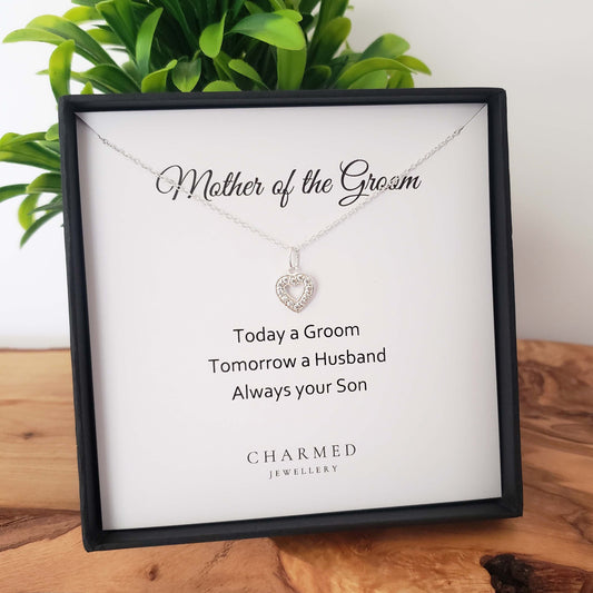 Mother of the Groom Heart Necklace with Cubic Zirconia – Sterling Silver 925 | Personalised Jewellery Gift