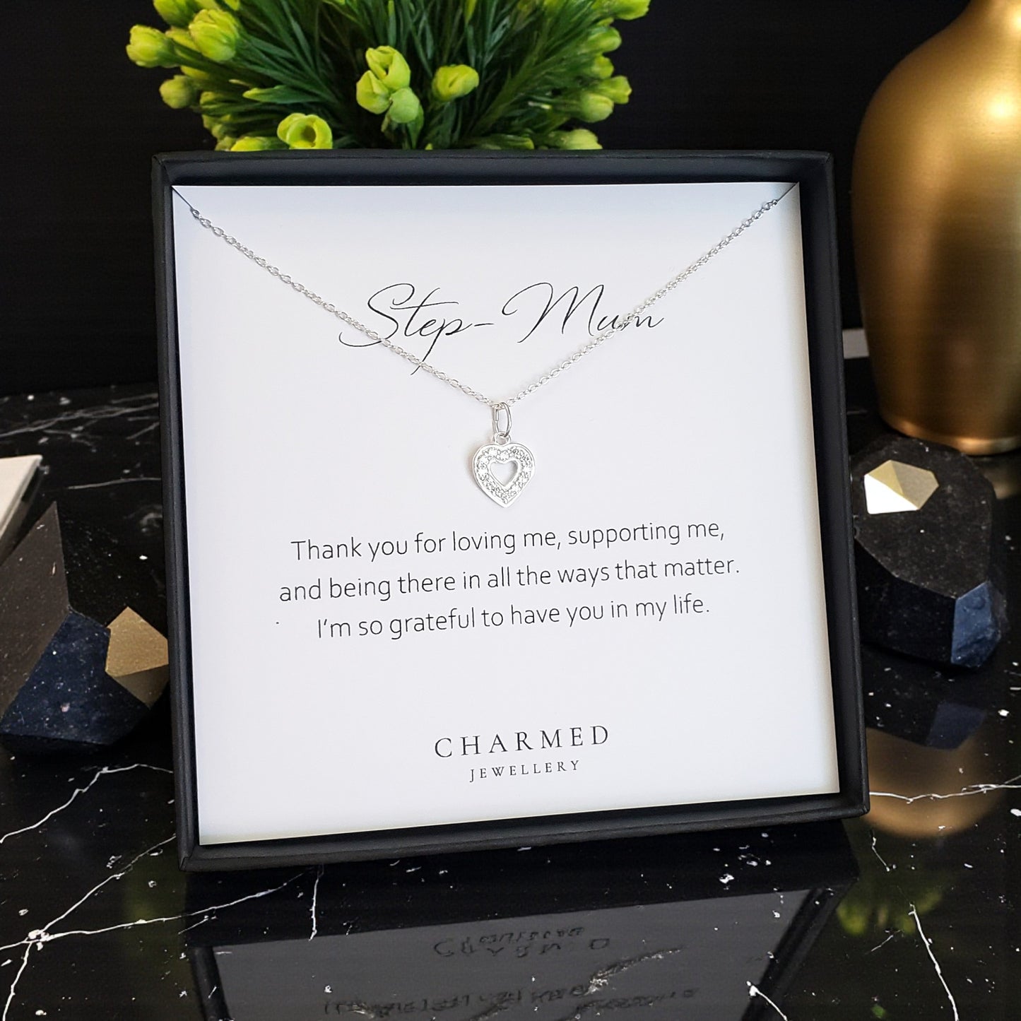 Step Mum CZ Open Heart Necklace | Sterling Silver 925 | Personalised Jewellery Gift