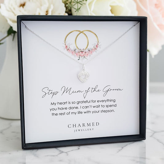Step Mum of the Groom Gift | CZ Heart Necklace 925 Sterling Silver | Personalised Jewellery Gift