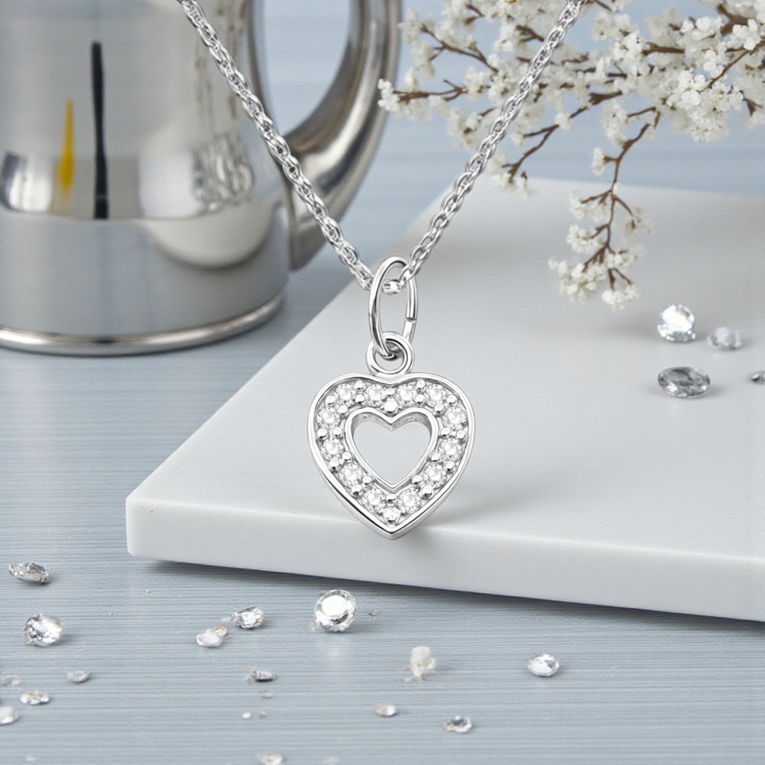 Heart Necklace with Cubic Zirconia in Sterling Silver 925 | Personalised Jewellery