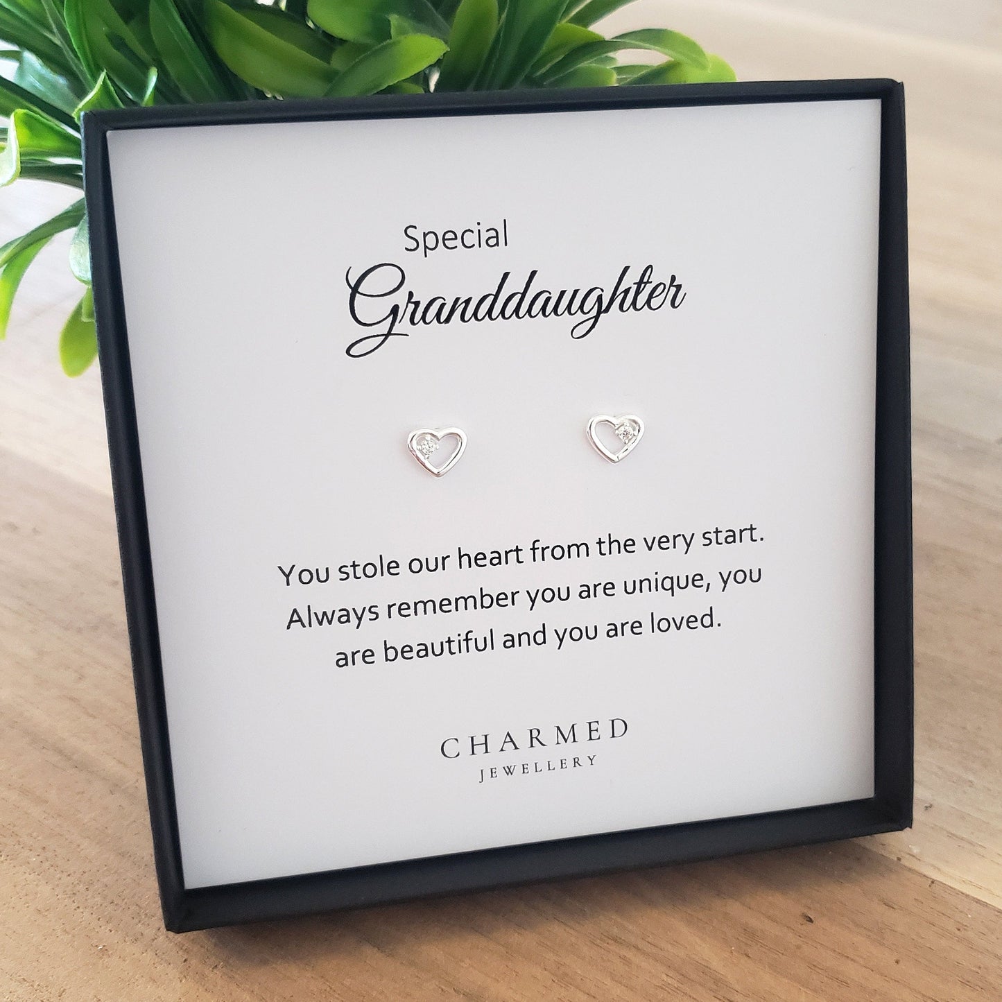 Granddaughter Gift, CZ Heart Stud Earrings in Sterling Silver 925 | Personalised Jewellery Gift