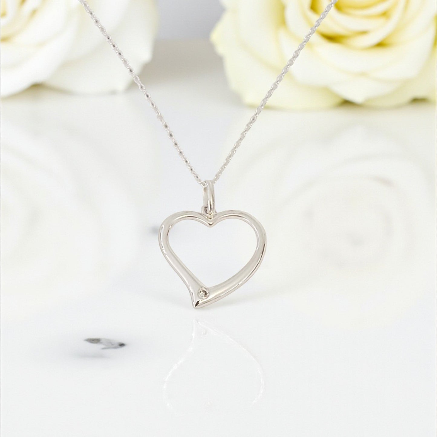 Offset Open Heart Necklace | Cubic Zirconia Pendant | 925 Sterling Silver